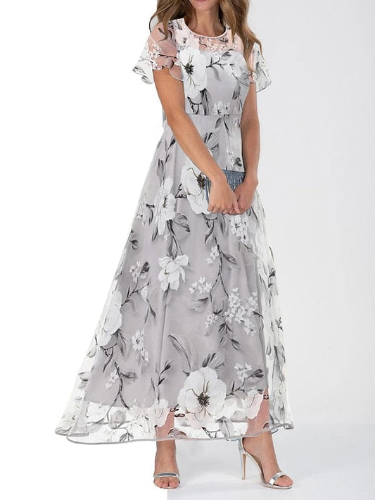 Elegant Floral Print Maxi Swing Dress with Mesh Crew Neck
