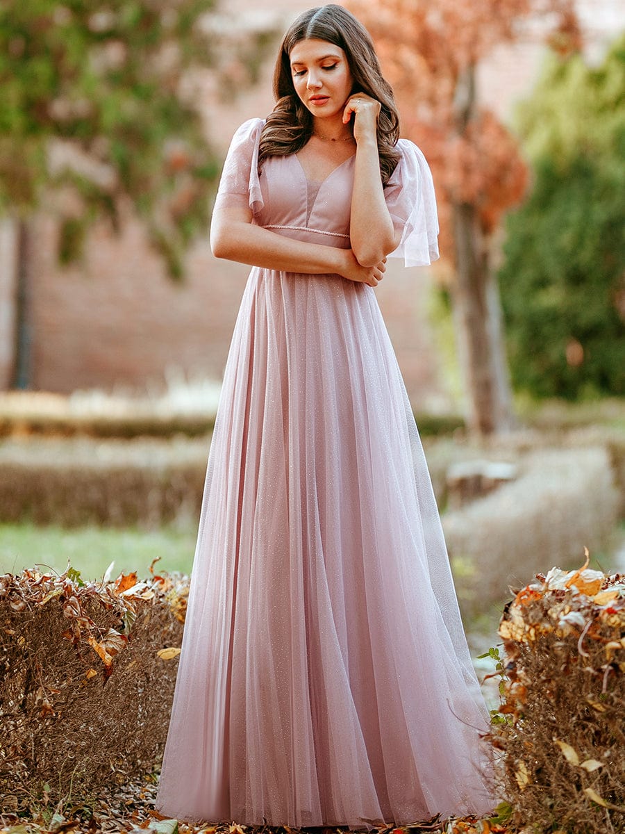 Elegant Golden Stamped Tulle Evening Gown