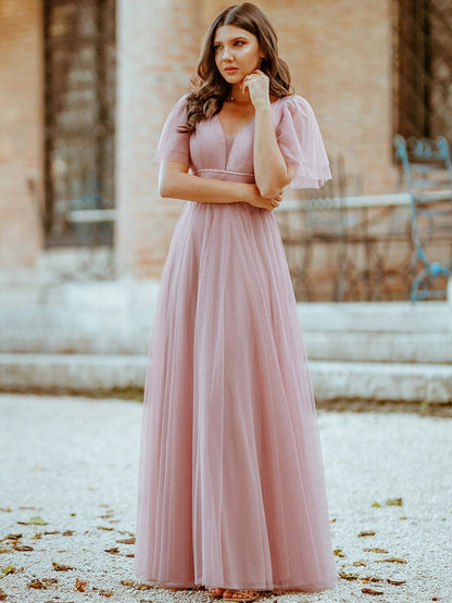 Elegant Golden Stamped Tulle Evening Gown