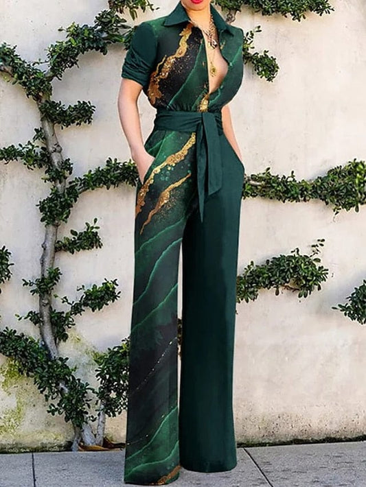 Elegant Green Lace-Up Print Jumpsuit for Women's Special Occasions