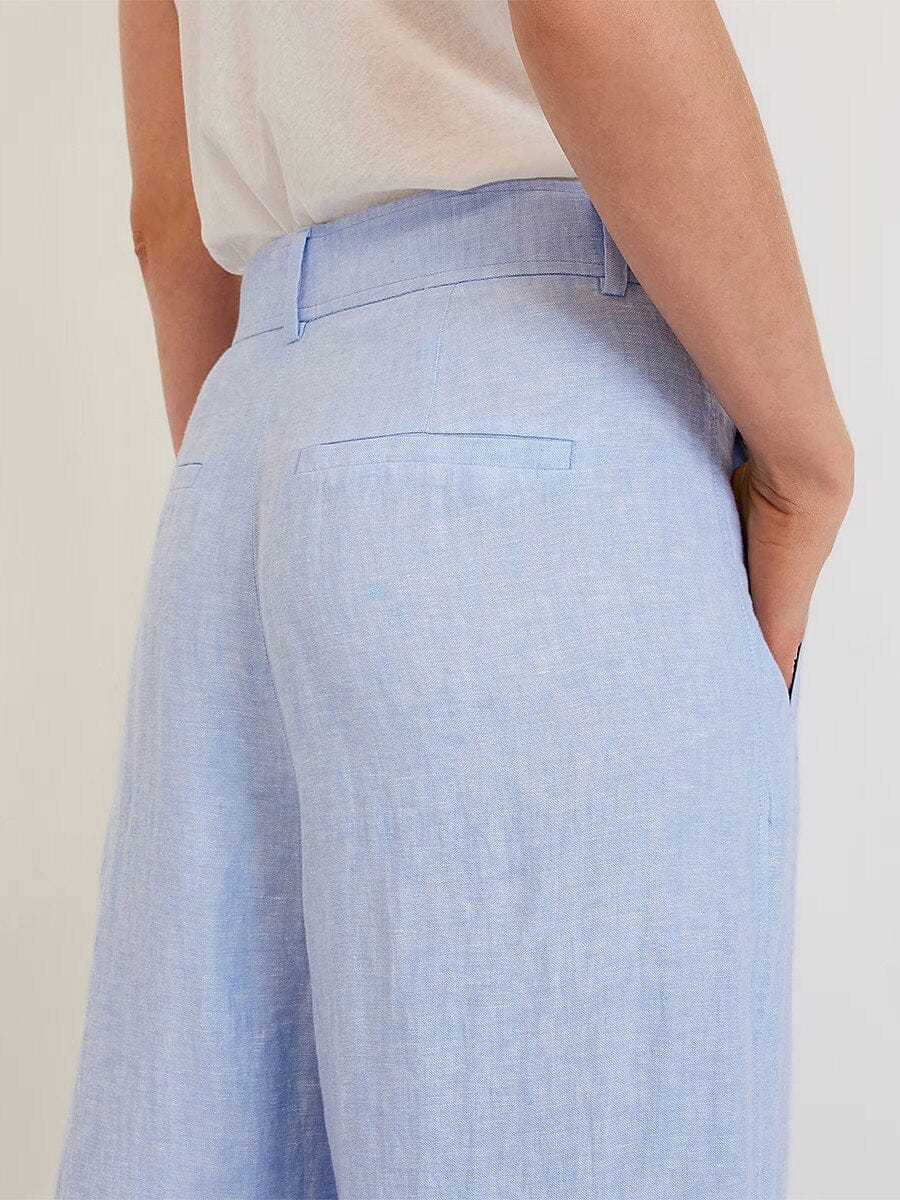 Elegant High Waist Wide Leg Linen Cotton Pants in Blue for Women - Sizes S to 2XL