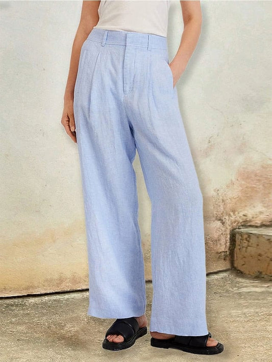 Elegant High Waist Wide Leg Linen Cotton Pants in Blue for Women - Sizes S to 2XL