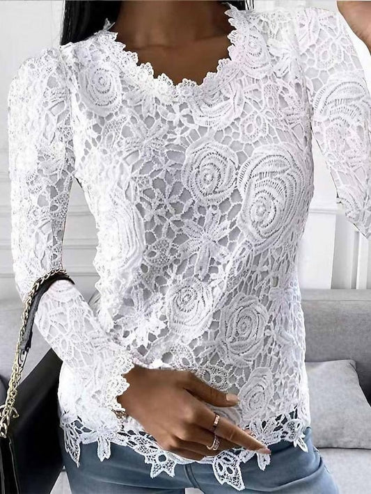 Elegant Lace Blouse with Bell Sleeves and Smock Waist