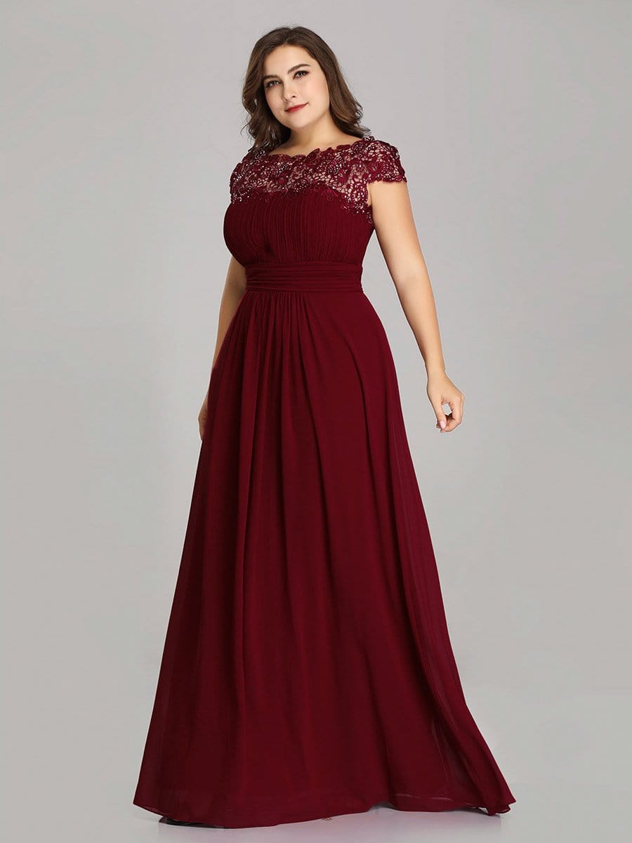 Elegant Lace Cap Sleeve Chiffon Evening Gown with Ruched Detail