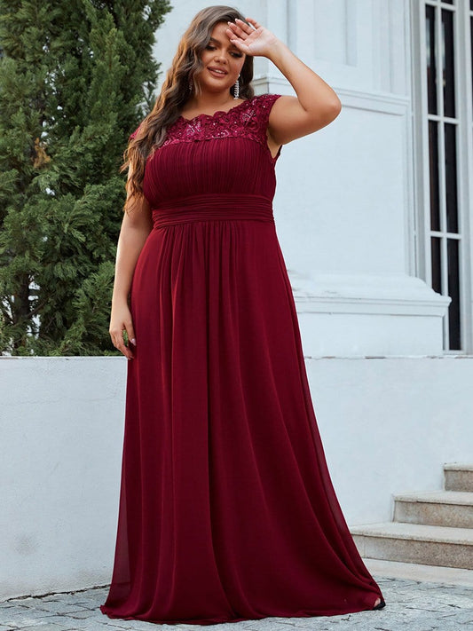 Elegant Lace Cap Sleeve Chiffon Evening Gown with Ruched Detail: Lacey Neckline Open Back Ruched Bust Plus Size Evening Dress