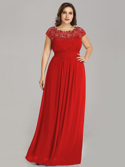 Elegant Lace Cap Sleeve Chiffon Evening Gown with Ruched Detail