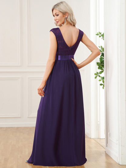 Elegant Lace & Chiffon Bridesmaid Dresses with V-Back and Belted Design