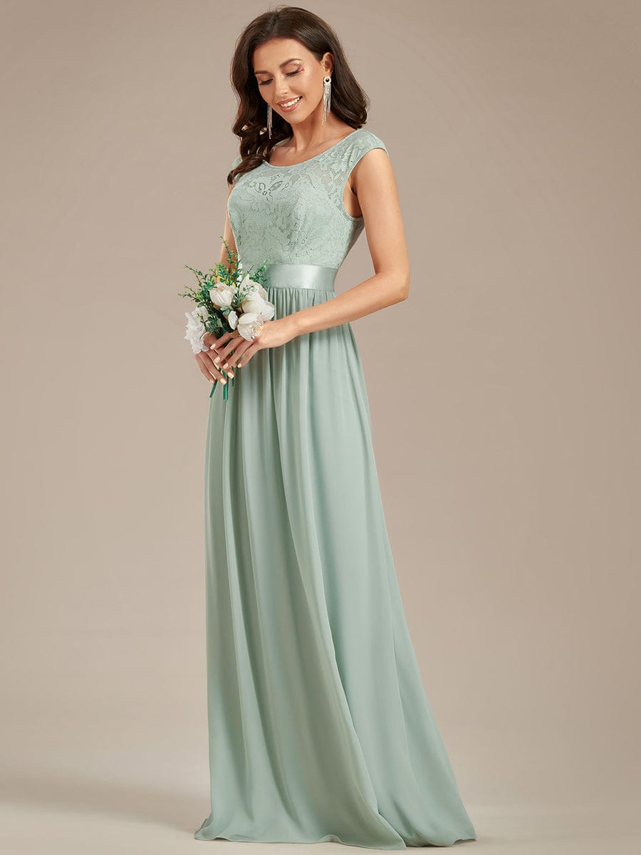 Elegant Lace & Chiffon Bridesmaid Dresses with V-Back and Belted Design