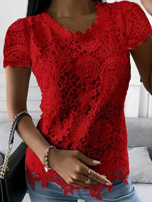Elegant Lace Crew Neck Top for Women, Stylish Short Sleeve Shirt for Spring & Summer
