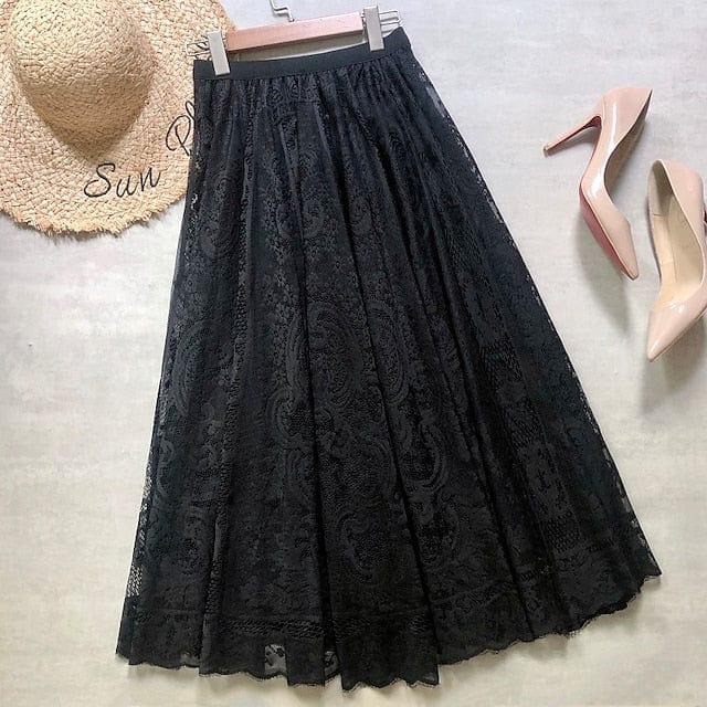 Elegant Lace Ruffled Women's Midi Swing Skirt in Black and Beige