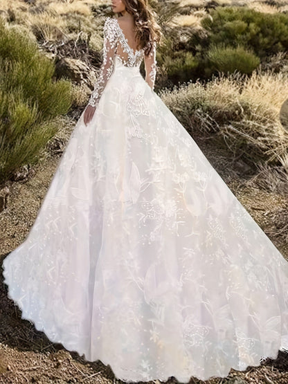 Elegant Lace V Neck Floor Length Backless Wedding Gown Dress
