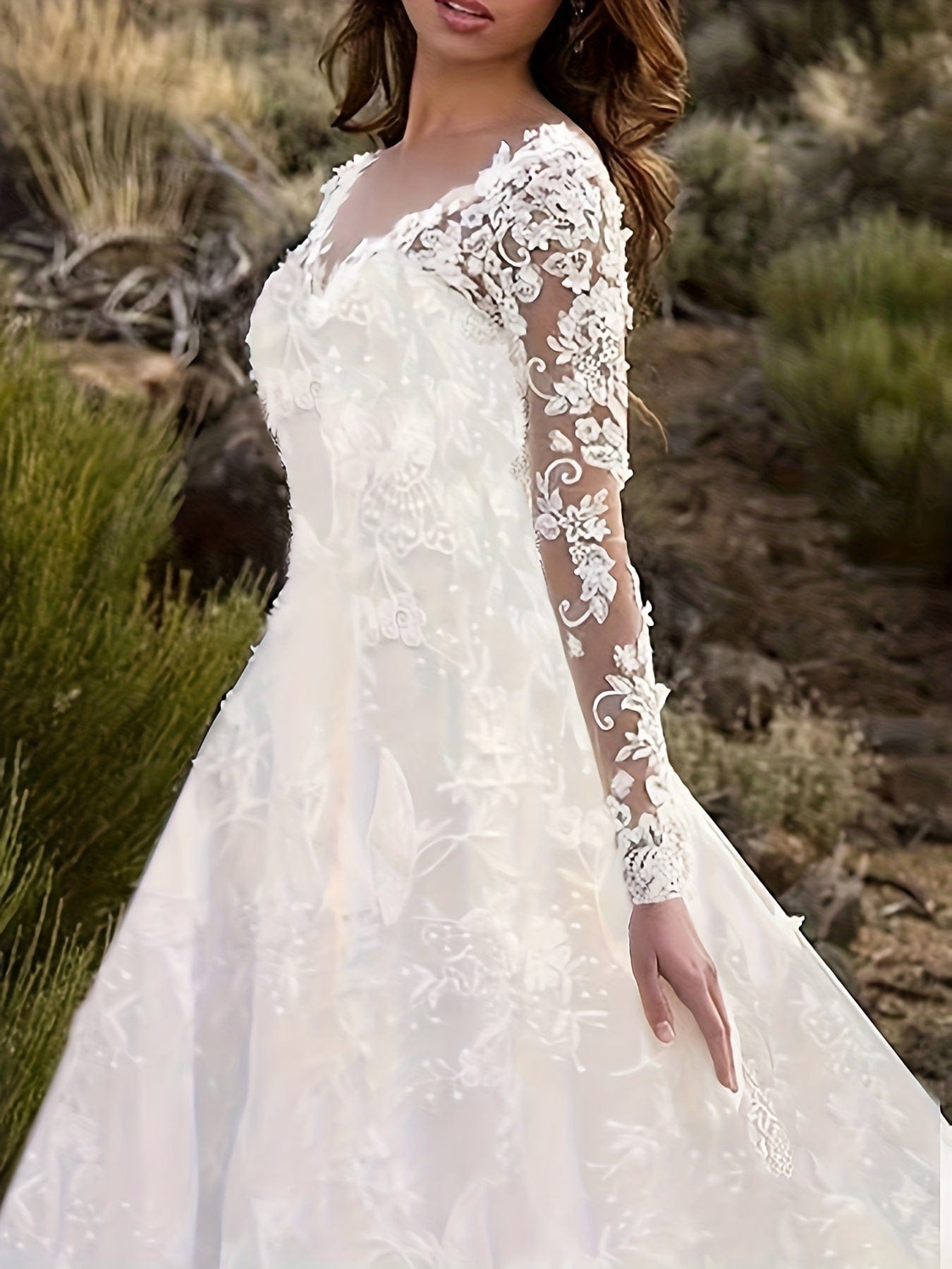 Elegant Lace V Neck Floor Length Backless Wedding Gown Dress