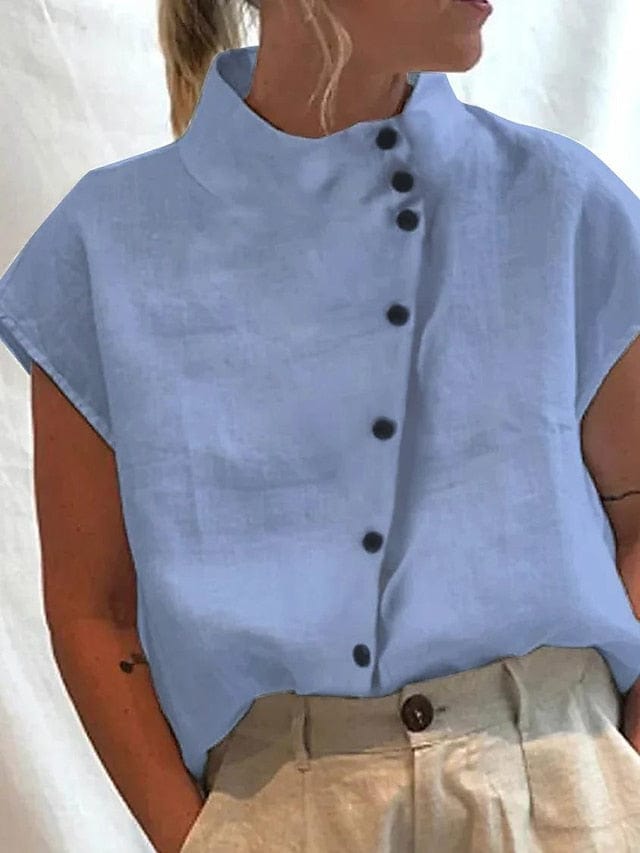 Elegant Light Blue Turtleneck Shirt Blouse for Women with Short Sleeve