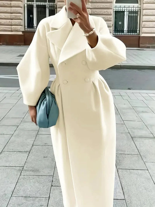 Elegant Long Coat with Double-breasted Notched Collar, Solid Color Design for Fall & Winter, Women's Outerwear