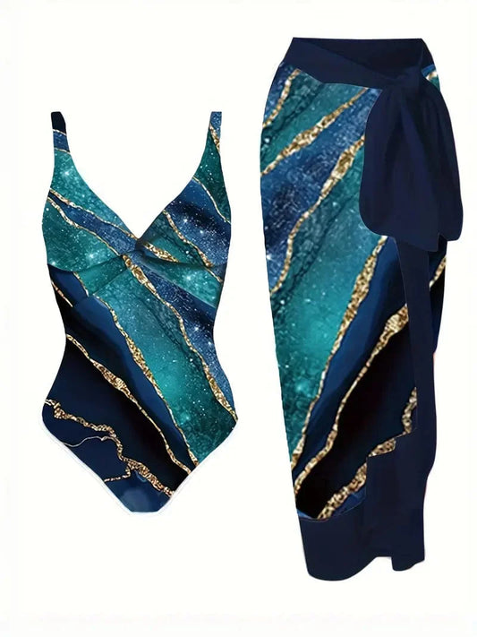 Elegant Marble Print 2-Piece Swimsuit Set with V Neck, High Stretch One-Piece Bathing Suit & Sarong Skirt Cover-Up for Women's Swimwear & Clothing