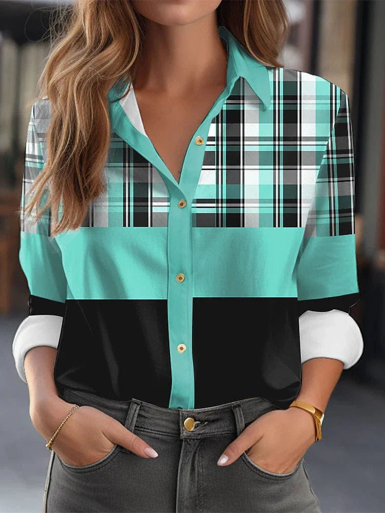 Elegant Plaid Yellow and Blue Shirt Blouse for Women