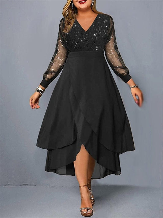 Elegant Plus Size Black Maxi Dress with Mesh V-Neck Ruffle