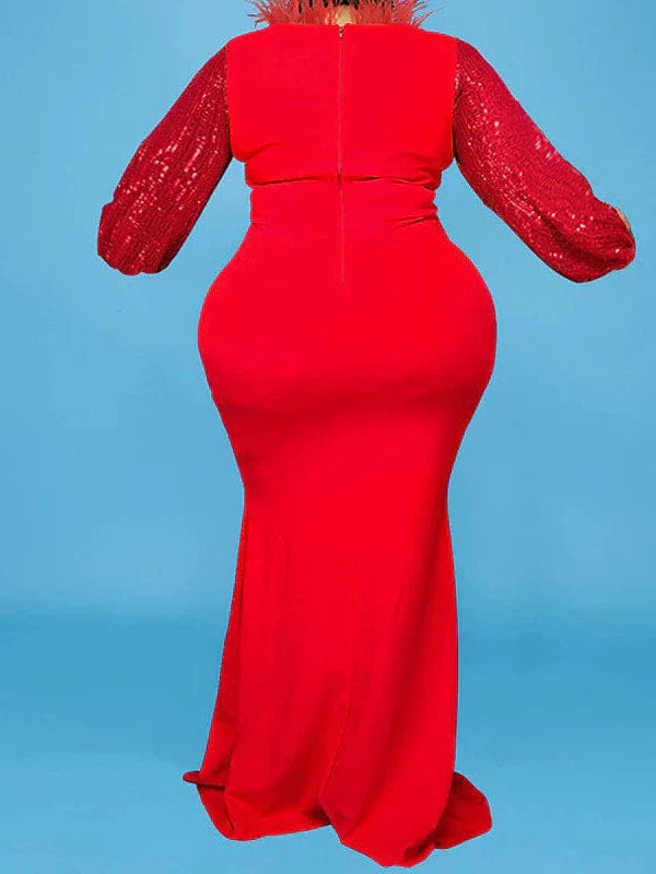 Elegant Plus Size Red Christmas Maxi Dress with Stand Collar and Long Sleeves