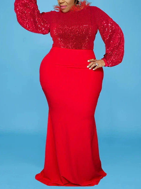 Elegant Plus Size Red Christmas Maxi Dress with Stand Collar and Long Sleeves