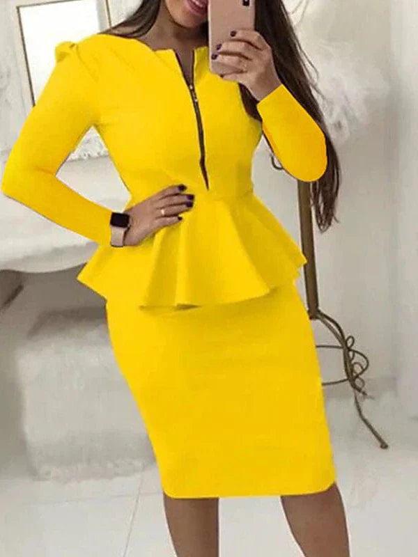 Elegant Plus Size Ruffle Midi Dress for Women - Black, Yellow, Red