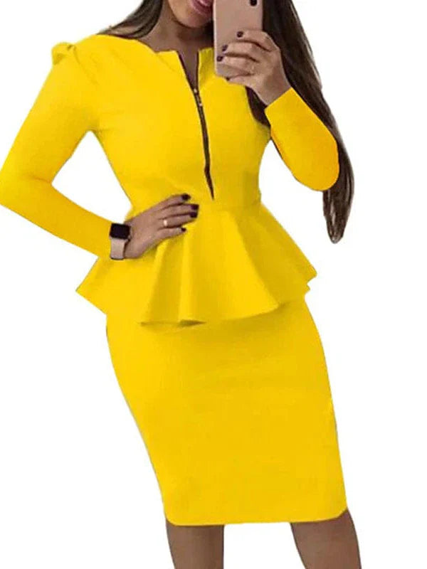 Elegant Plus Size Ruffle Midi Dress for Women - Black, Yellow, Red