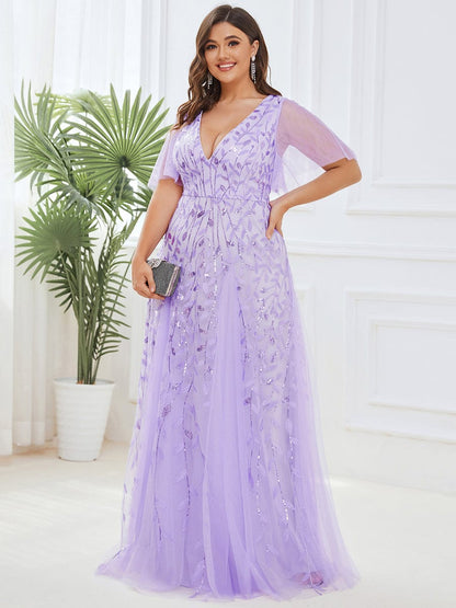 Elegant Plus Size Sequin Evening Gown with Short Sleeves