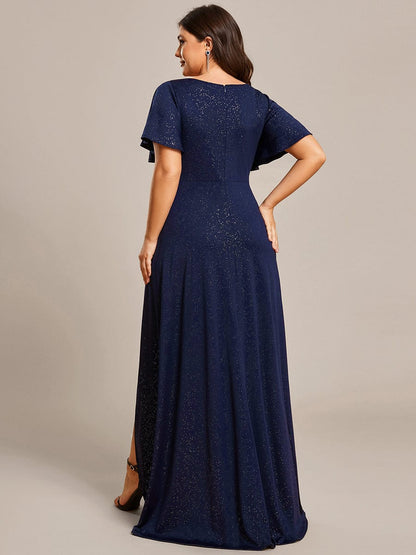 Elegant Plus-Size Shimmering Evening Gown with Split High-Low Hem and Ruffle Sleeves