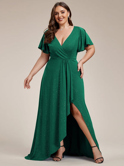 Elegant Plus-Size Shimmering Evening Gown with Split High-Low Hem and Ruffle Sleeves