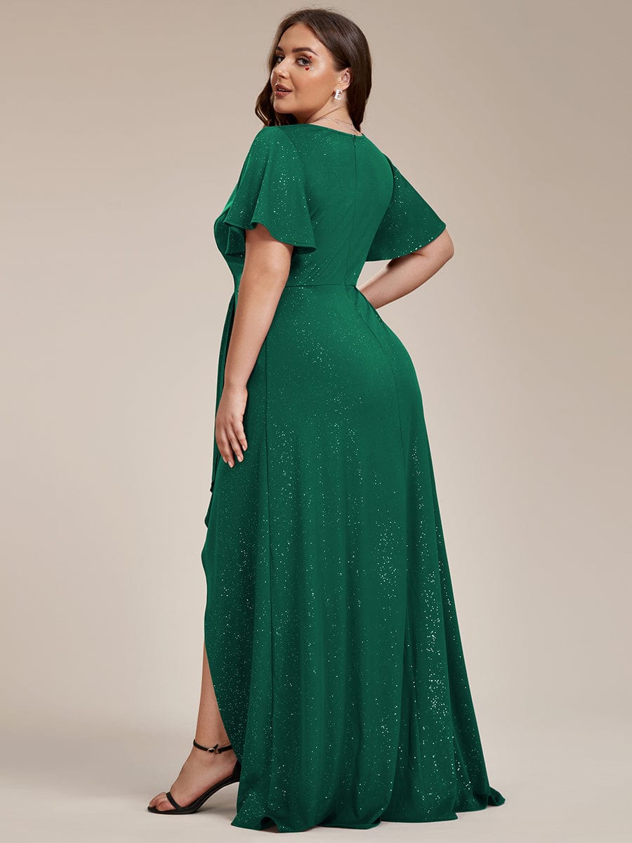 Elegant Plus-Size Shimmering Evening Gown with Split High-Low Hem and Ruffle Sleeves