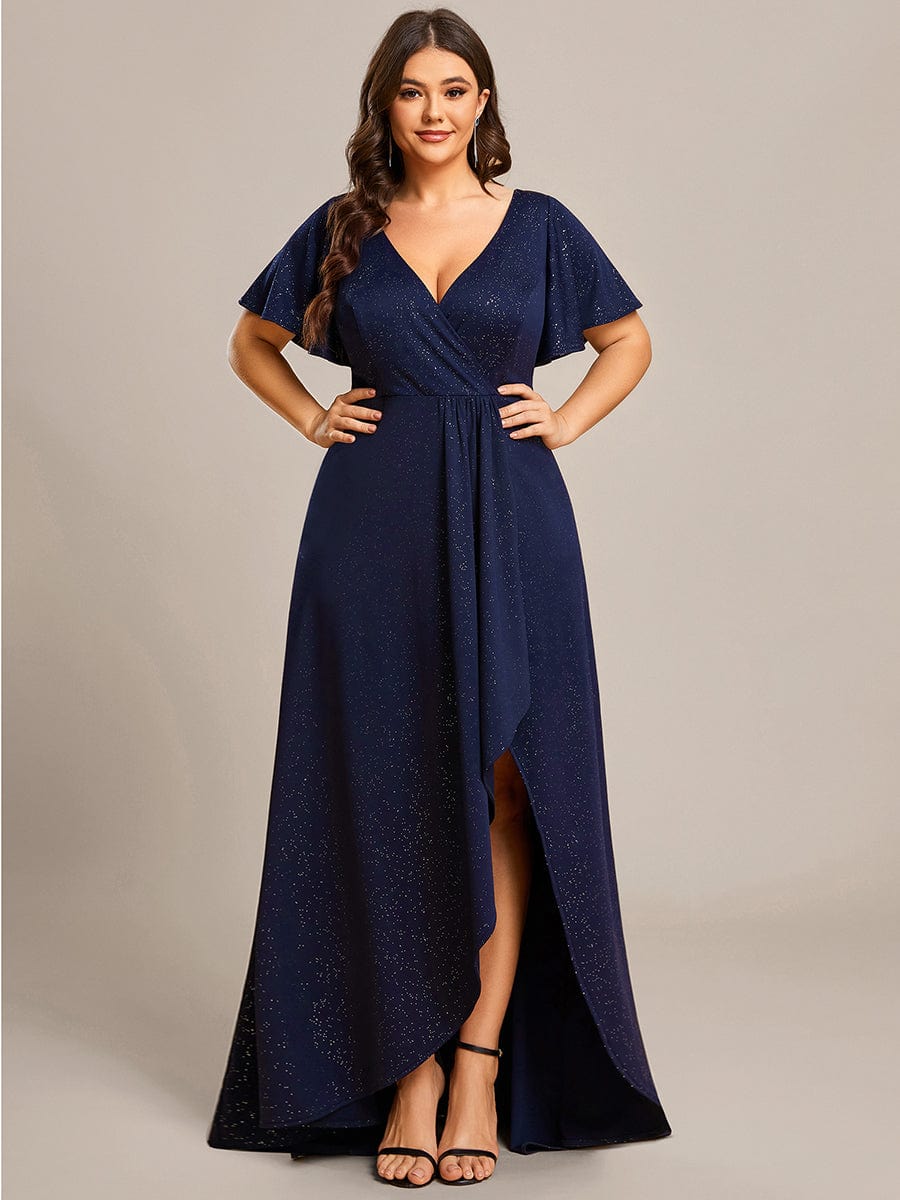 Elegant Plus-Size Shimmering Evening Gown with Split High-Low Hem and Ruffle Sleeves