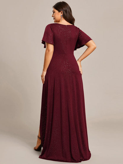 Elegant Plus-Size Shimmering Evening Gown with Split High-Low Hem and Ruffle Sleeves