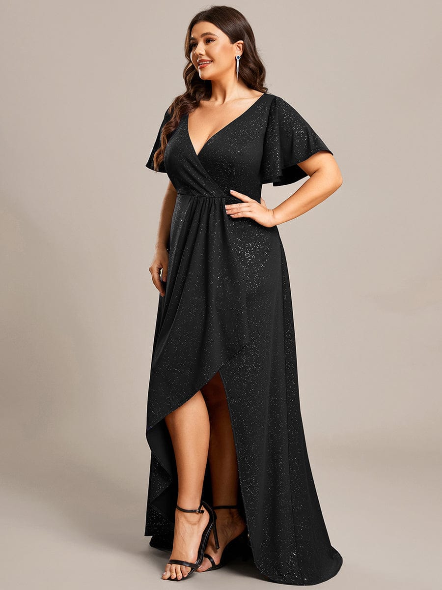 Elegant Plus-Size Shimmering Evening Gown with Split High-Low Hem and Ruffle Sleeves