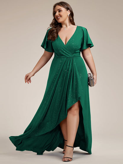 Elegant Plus-Size Shimmering Evening Gown with Split High-Low Hem and Ruffle Sleeves