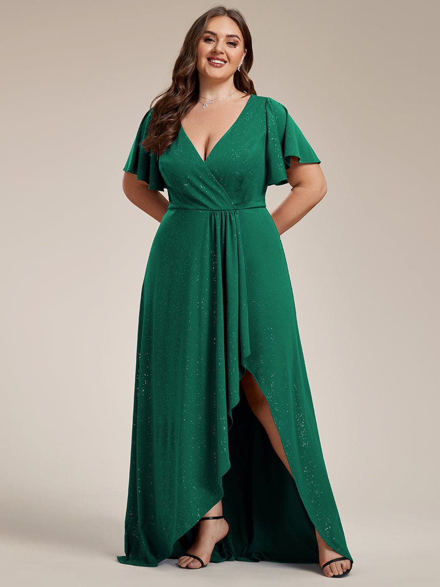 Elegant Plus-Size Shimmering Evening Gown with Split High-Low Hem and Ruffle Sleeves