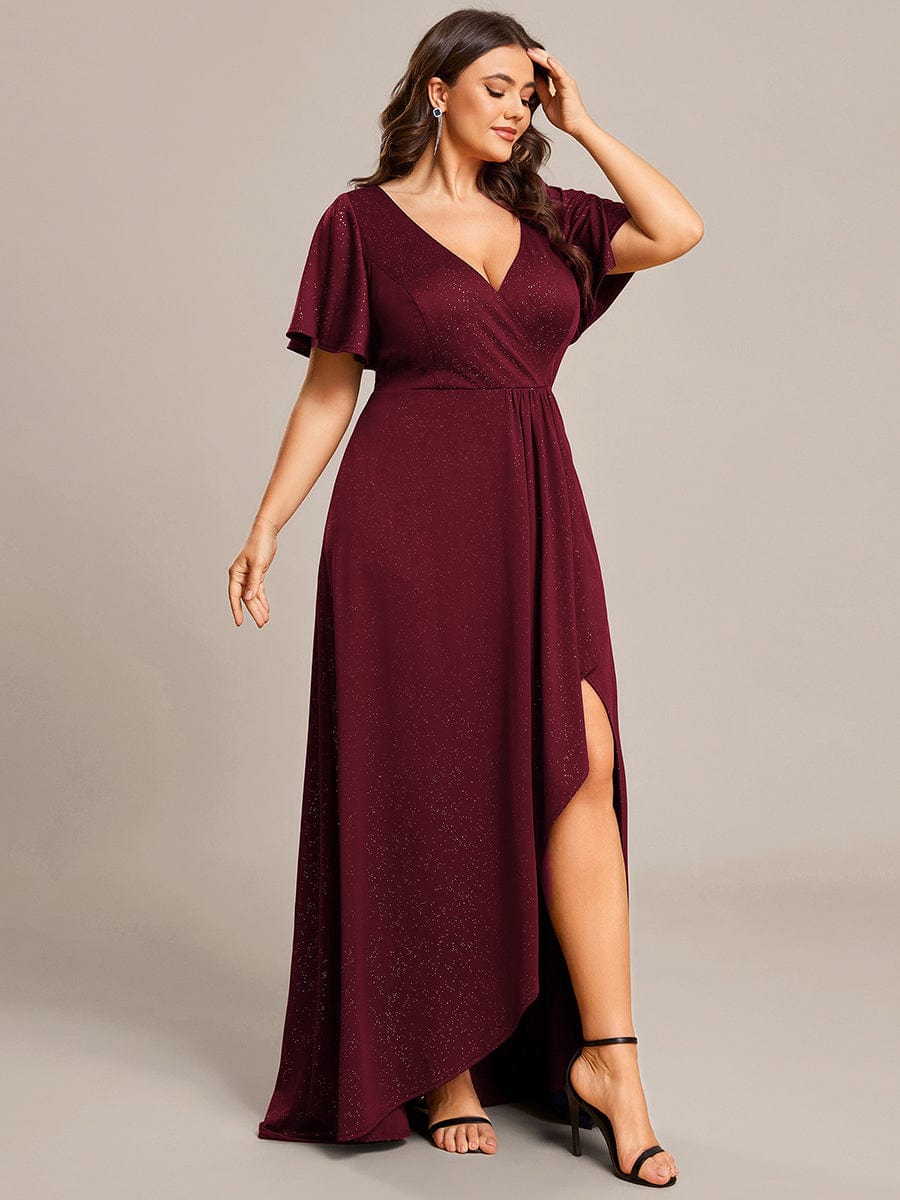 Elegant Plus-Size Shimmering Evening Gown with Split High-Low Hem and Ruffle Sleeves