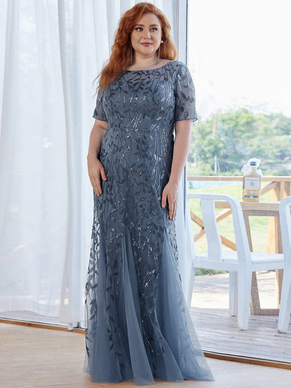 Elegant Plus Size Shimmery Sequin Fishtail Tulle Dress