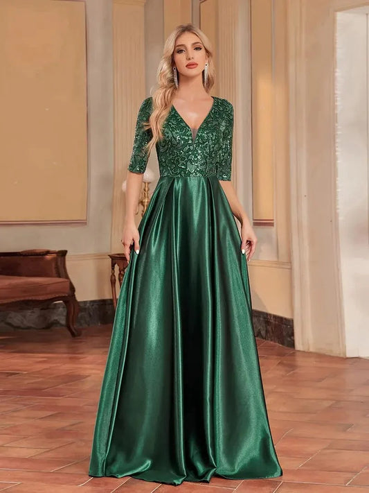 Elegant Sequin V-Neck Bridesmaid Gown for Wedding Party
