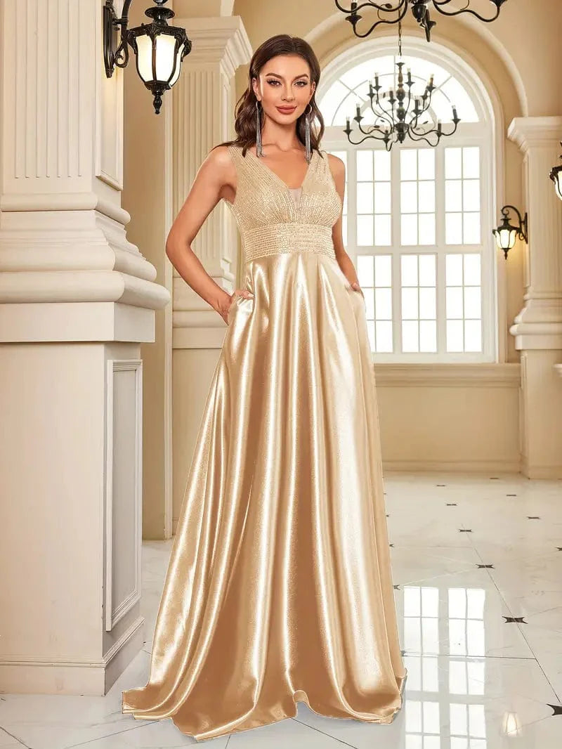 Elegant Sequin V Neck Floor Length Party Bridesmaid Wedding Dress