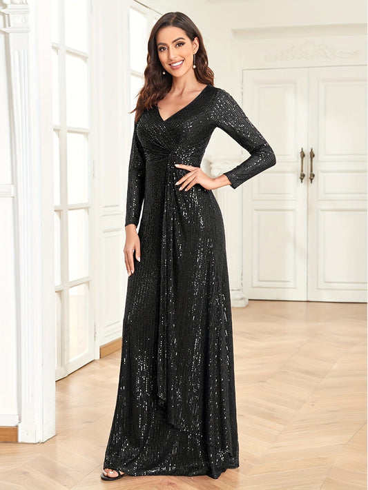 Elegant Sequin V Neck Long Sleeve Floor Length Party Maxi Dress