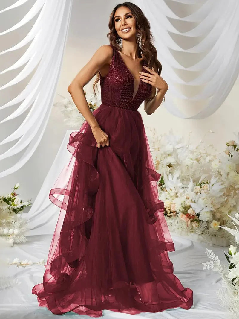 Elegant Sequined Mesh Aline Maxi Dress for Party & Banquet