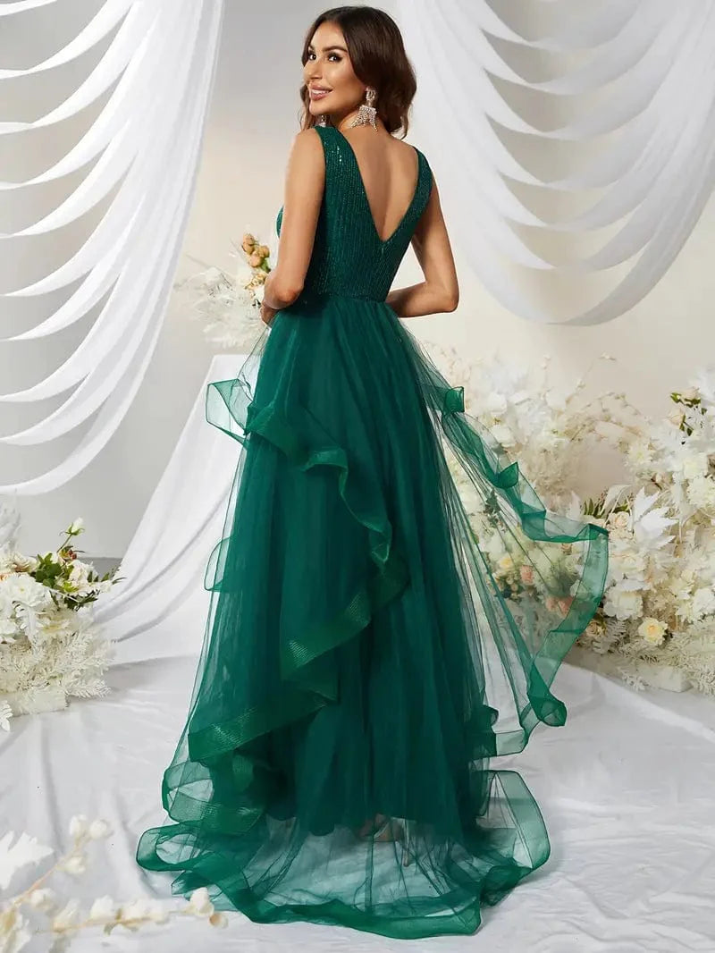 Elegant Sequined Mesh Aline Maxi Dress for Party & Banquet