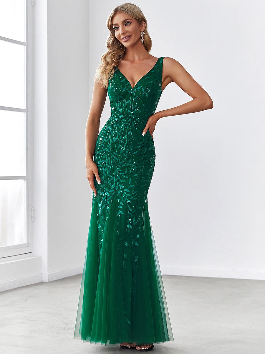 Elegant Sequined V-Neck Mermaid Evening Gown