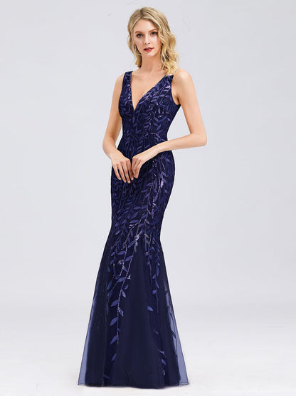 Elegant Sequined V-Neck Mermaid Evening Gown