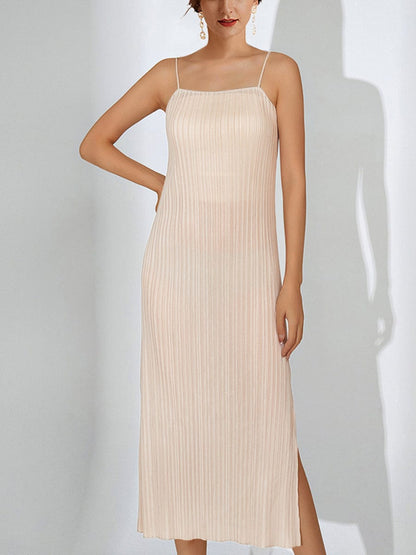 Elegant Slimming Pleated Solid Color Temperament Slit Midi Dress