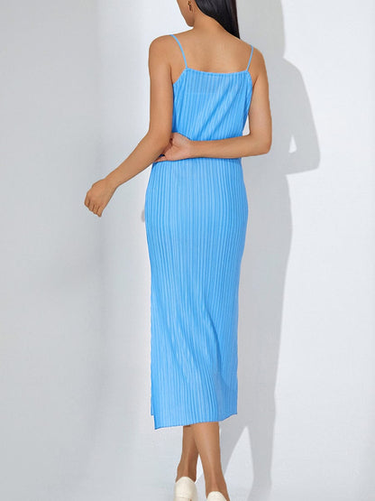 Elegant Slimming Pleated Solid Color Temperament Slit Midi Dress