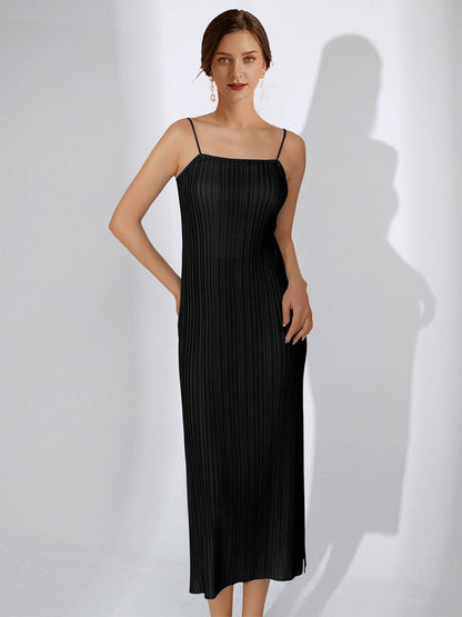 Elegant Slimming Pleated Solid Color Temperament Slit Midi Dress