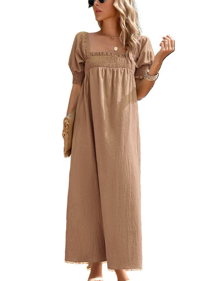 Elegant Solid Color Square Neck Midi Long Midi Dress