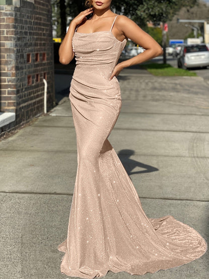 Elegant Sparkling Glitter Sequin Slit Backless Cocktail Maxi Dress