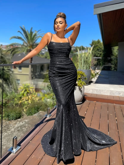 Elegant Sparkling Glitter Sequin Slit Backless Cocktail Maxi Dress