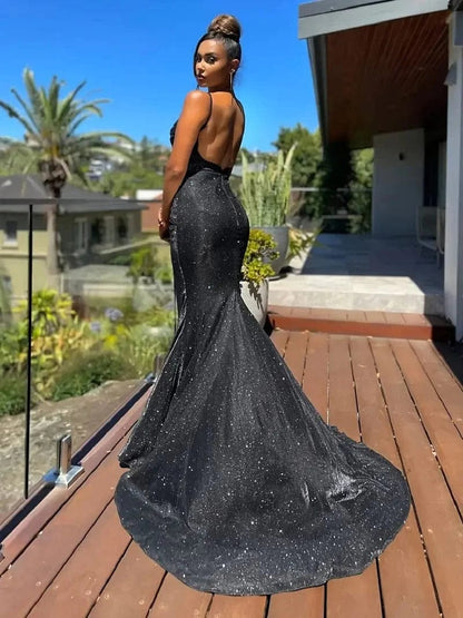 Elegant Sparkling Glitter Sequin Slit Backless Cocktail Maxi Dress